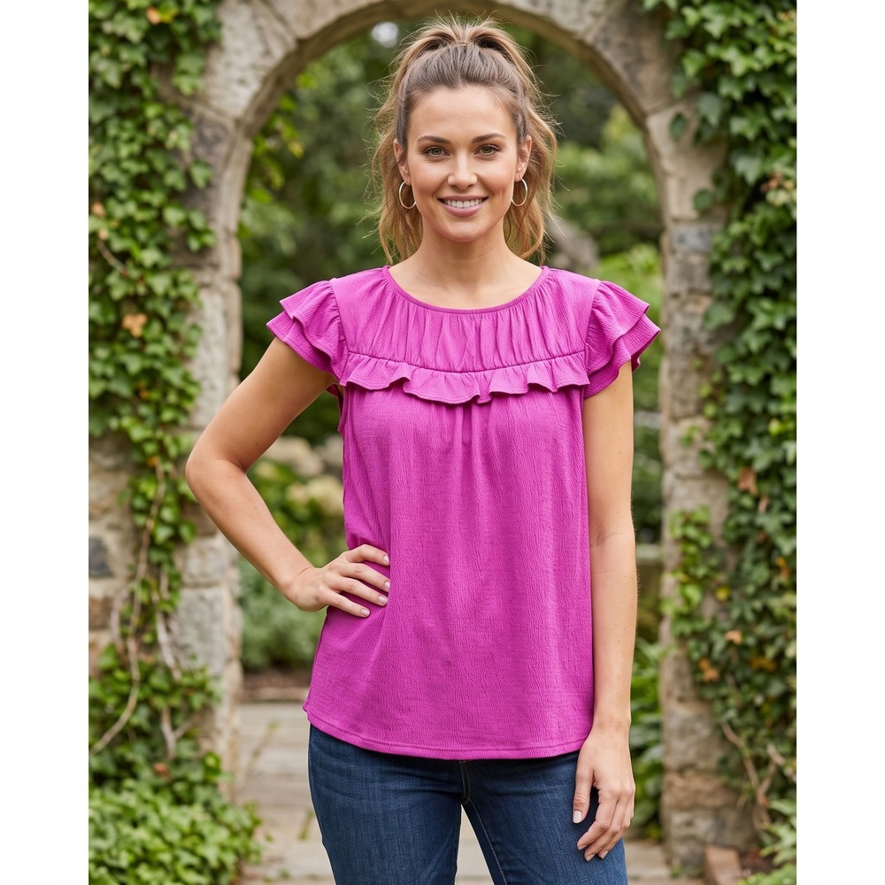 LuLaRoe Bright Pink Magenta Ruffle Chest Short Sleeve Blouse Top Womens Small S